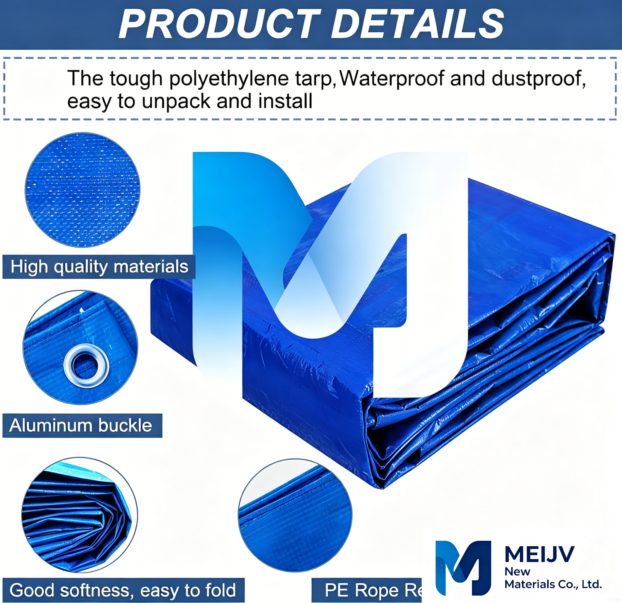 Meijv Blue PE Tarpaulin Waterproof UV Resistant for Outdoor Use
